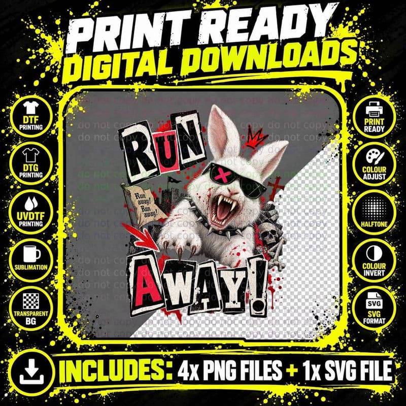 Run Away Killer Rabbit Punk Bloody Fangs Spiked Collar 70s Cult Comedy T-Shirt Png SVG Digital Bundle