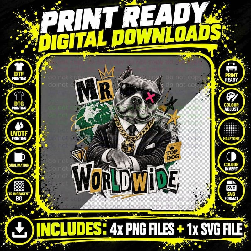 Pit Bull in Suit Gold Chain Sunglasses Globe Top Dog Funny Rapper Pun T-Shirt Png SVG Digital Bundle