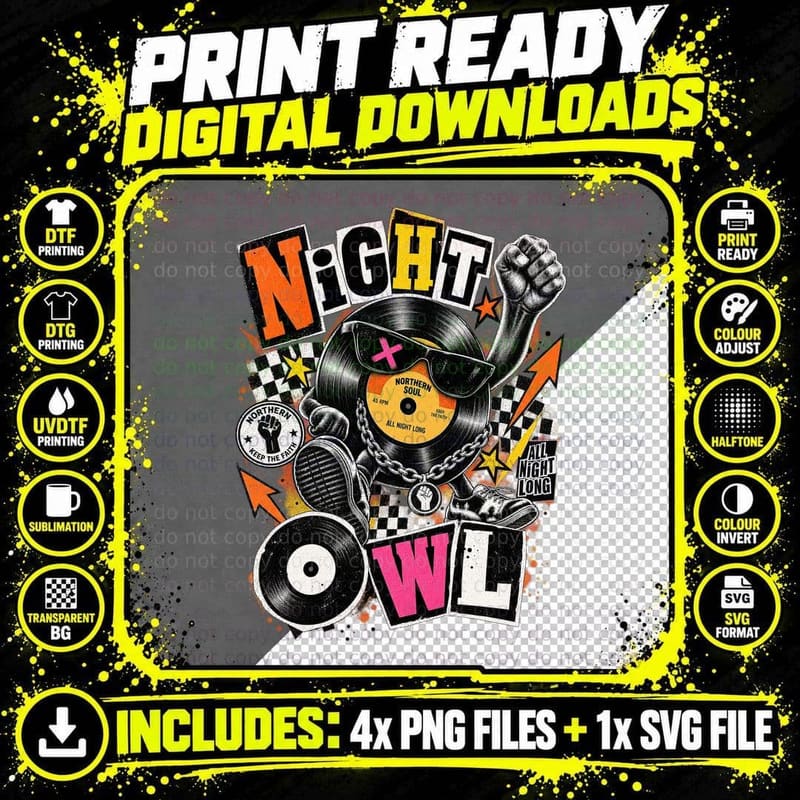 Northern Soul Night Owl Vinyl Record Punk Vintage Dance Png SVG Digital Bundle