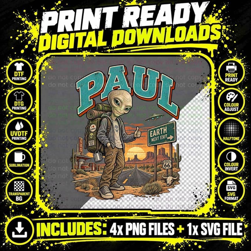 Paul Alien Vintage Sci Fi Road Trip Cult Comedy Movie Png SVG Digital Bundle