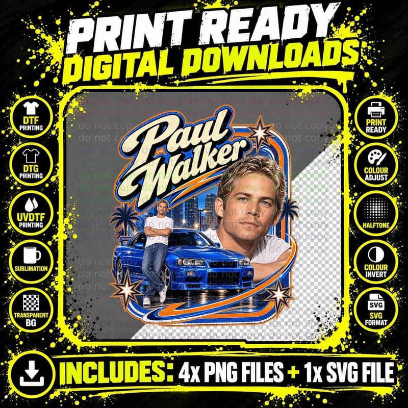 Paul Walker Fast and Furious 2001 Street Racing Vintage Png SVG Digital Bundle