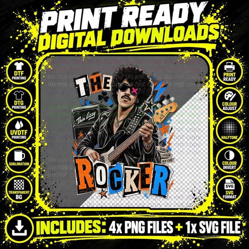 The Rocker 70s Irish Rock Singer Phil Punk Bass Guitar Afro Dublin T-Shirt Png SVG Digital Bundle