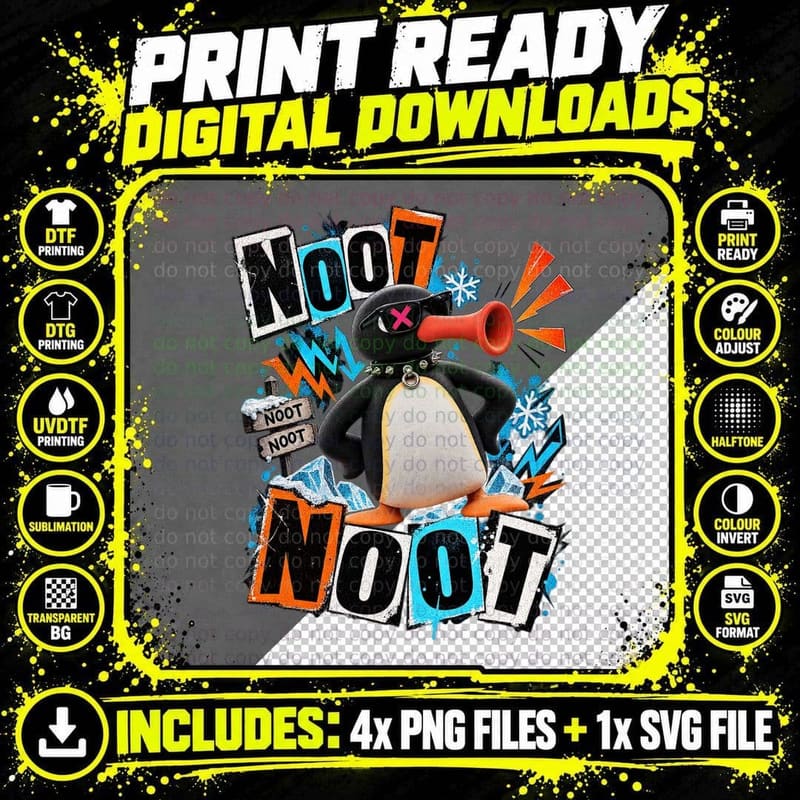 Noot Noot Punk Clay Penguin Sunglasses Spiked Collar Retro Kids TV T-Shirt Png SVG Digital Bundle