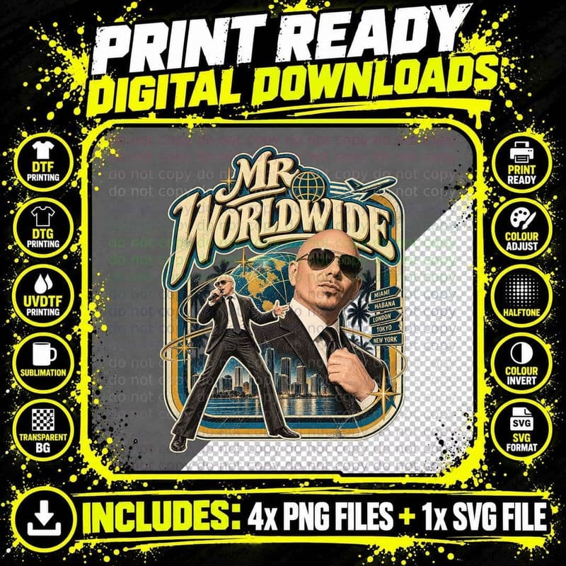 Pitbull Mr Worldwide Miami Rapper Hip Hop Party Anthem Vintage Retro T-Shirt Png SVG Digital Bundle