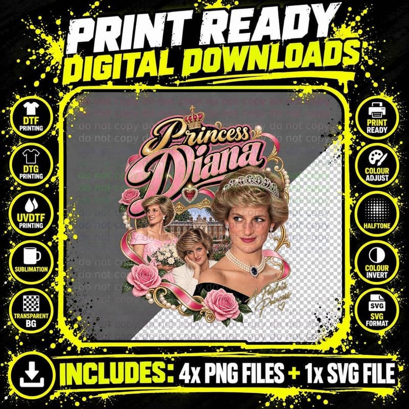Princess Diana 1985 Royal Fashion Vintage Retro Glamour Png SVG Digital Bundle
