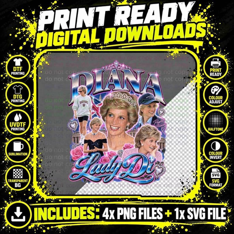 Princess Diana Vintage Bootleg Lady Di 90s Royal Fashion Png SVG Digital Bundle