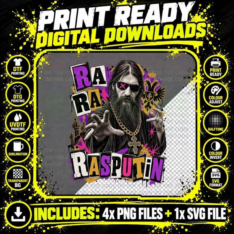 Ra Ra Rasputin Punk Russian Mystic Monk Sunglasses Gold Chain 70s Disco T-Shirt Png SVG Digital Bundle