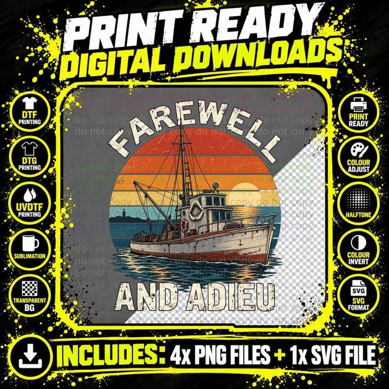 Farewell And Adieu Quint Shark Fishing Boat Sea Shanty 70s Movie Retro T-Shirt Png SVG Digital Bundle