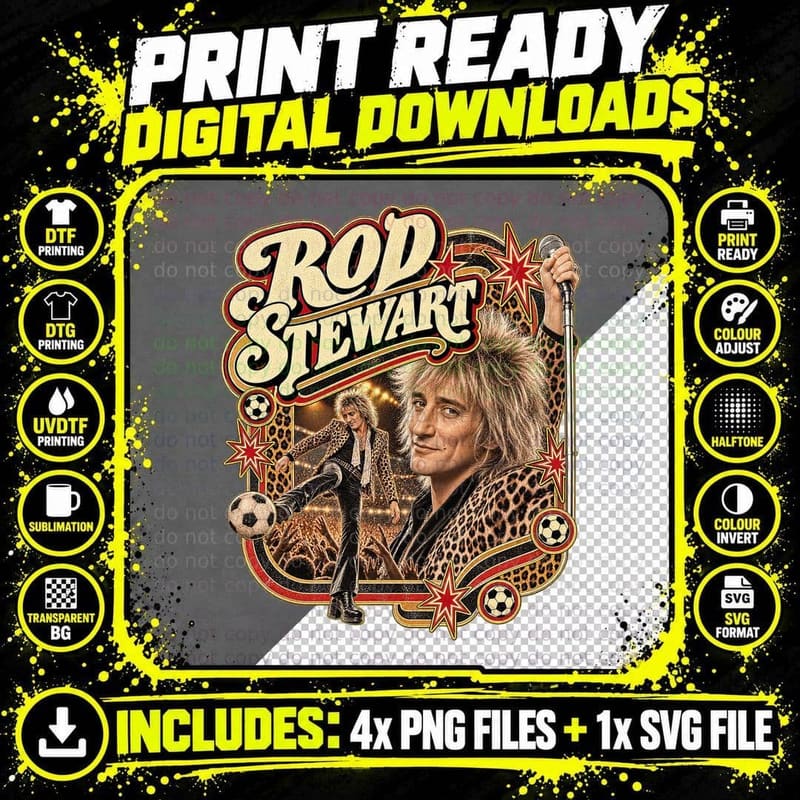 70s Rock Singer Rod Leopard Print Jacket Spiky Blonde Hair Football Gig T-Shirt Png SVG Digital Bundle