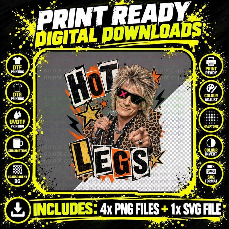 Hot Legs Punk 70s Rock Singer Rod Leopard Print Microphone Sunglasses T-Shirt Png SVG Digital Bundle