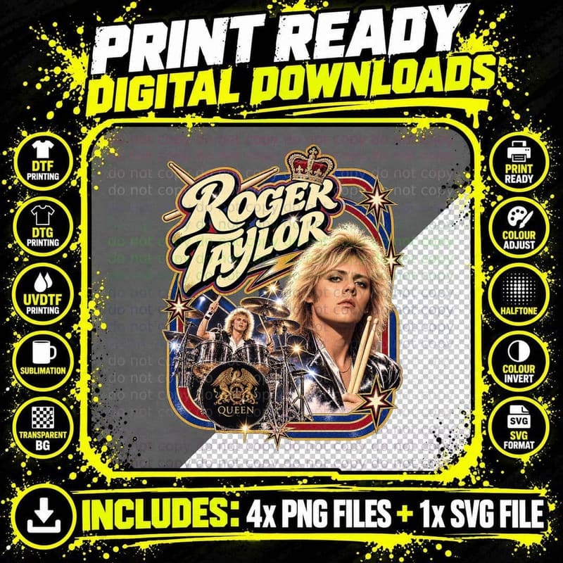 70s Glam Rock Drummer Roger Drum Kit Drumsticks Stage Lights Crown T-Shirt Png SVG Digital Bundle