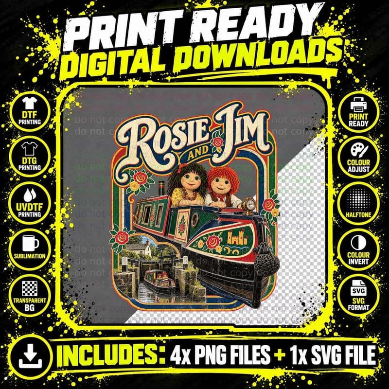 Rag Doll Puppets Canal Boat Retro Vintage British Kids TV Nostalgia Fan T-Shirt Png SVG Digital Bundle