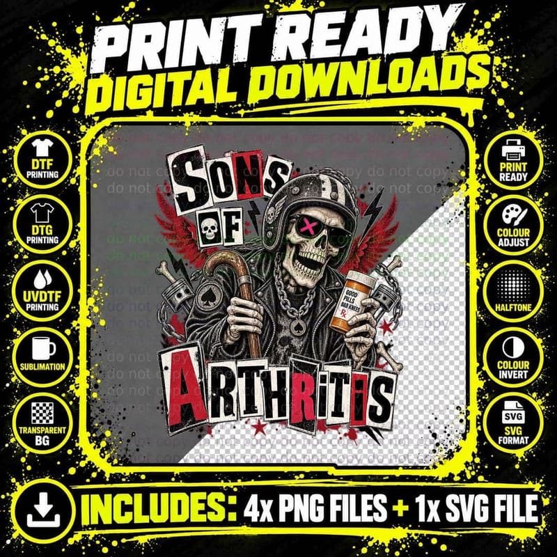 Sons of Arthritis Funny Old Biker Skeleton Walking Cane Pill Bottle T-Shirt Png SVG Digital Bundle