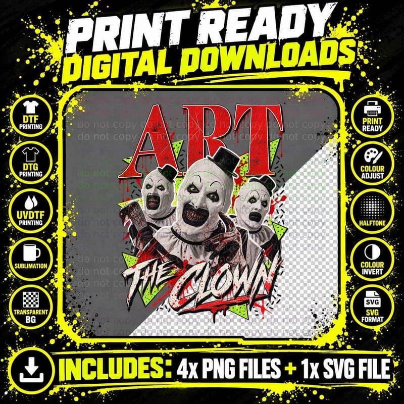 Art the Clown Triple Portrait Blood Splatter Slasher Horror Movie T-Shirt Png SVG Digital Bundle