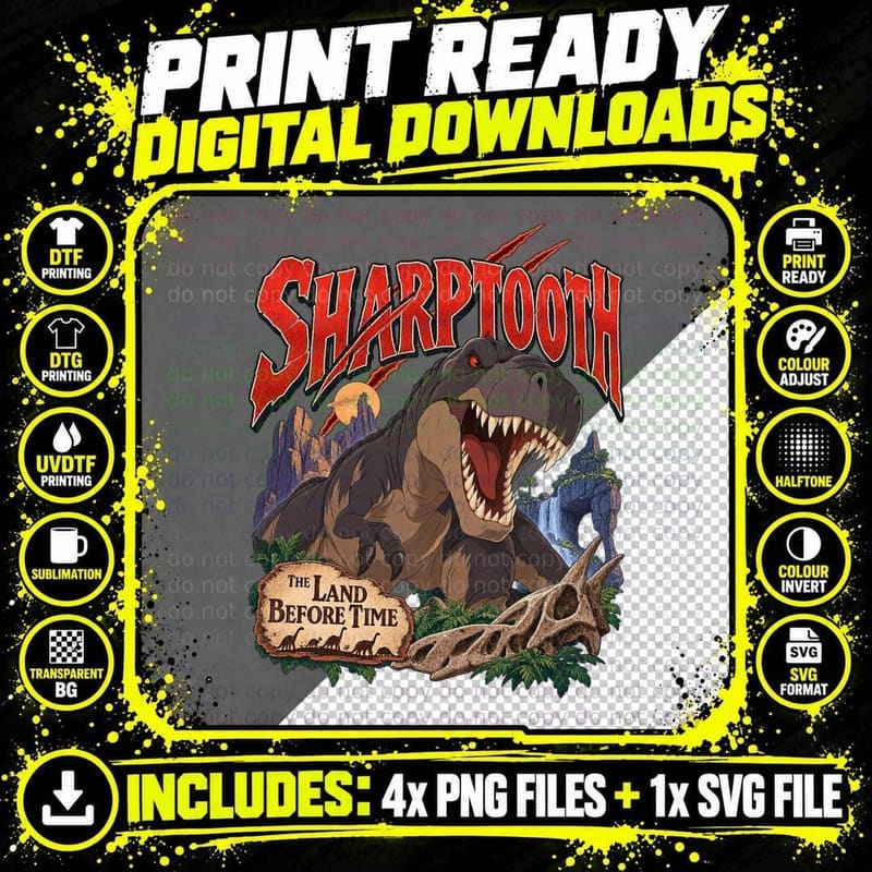 Fierce T Rex Dinosaur Roar 1988 Animated Kids Movie Vintage Prehistoric T-Shirt Png SVG Digital Bundle