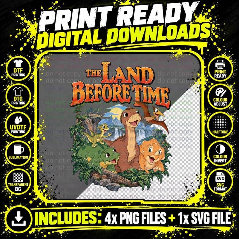 Baby Dinosaurs Long Neck Triceratops Jungle Waterfall 80s Animated Film T-Shirt Png SVG Digital Bundle