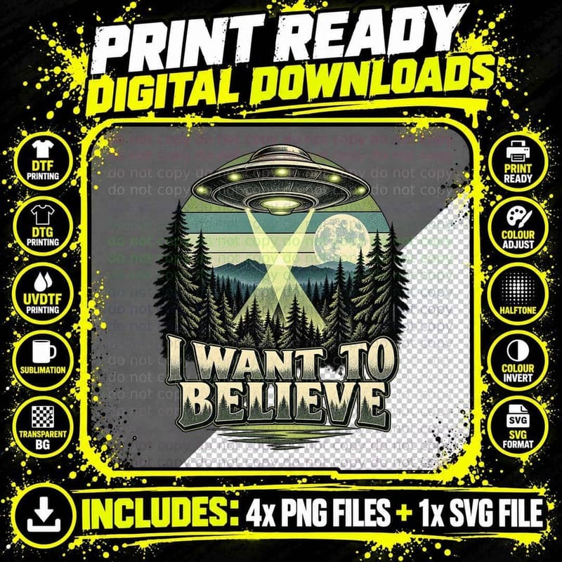 I Want to Believe UFO Flying Saucer Tractor Beam Pine Forest Full Moon T-Shirt Png SVG Digital Bundle