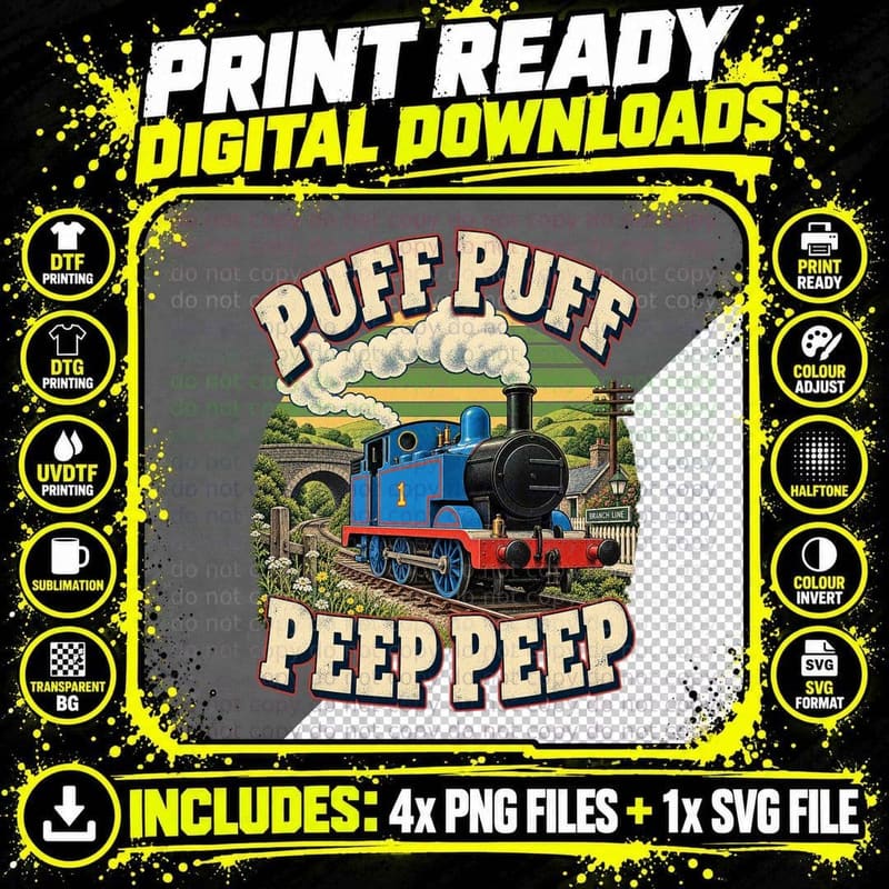 Thomas the Tank Engine Retro Vintage Blue Steam Railway Png SVG Digital Bundle