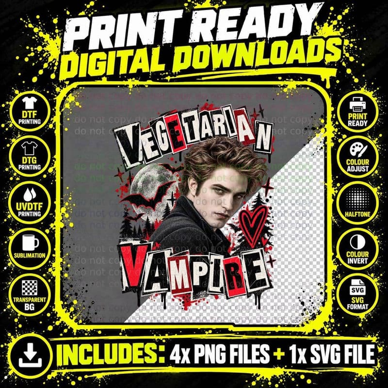 Vegetarian Vampire Edward Punk Full Moon Bats 00s Gothic Teen Romance T-Shirt Png SVG Digital Bundle