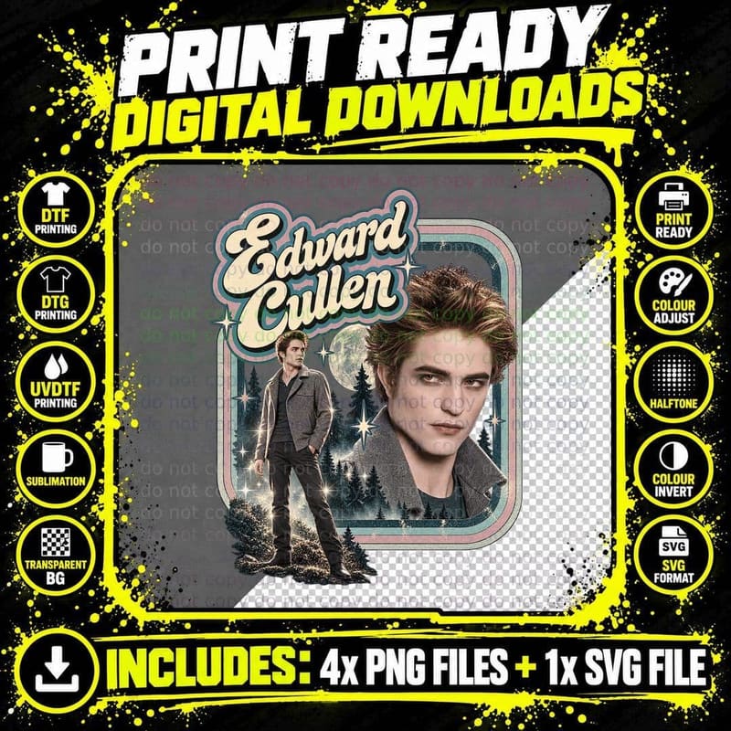 Edward Cullen Vampire Romance Forest Moon 2000s Teen Movie Vintage Retro T-Shirt Png SVG Digital Bundle