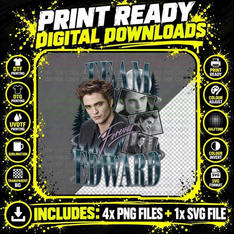 Twilight Vintage Team Edward Cullen Robert Pattinson Png SVG Digital Bundle