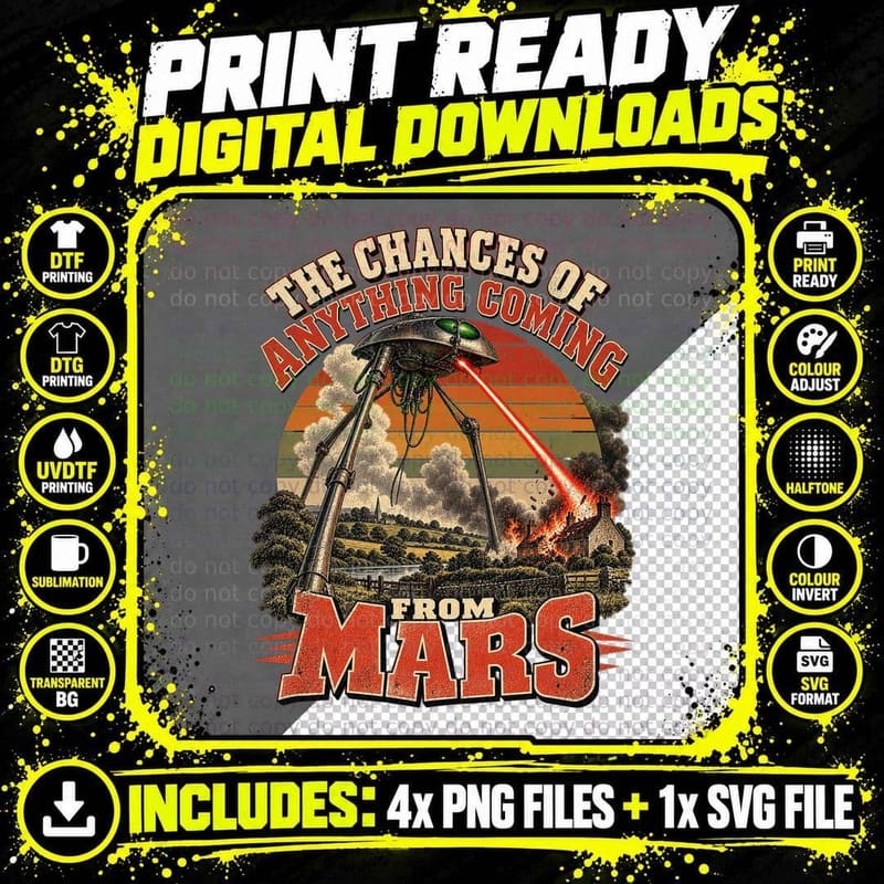 War of the Worlds Retro Vintage Martian Tripod Sci Fi Png SVG Digital Bundle