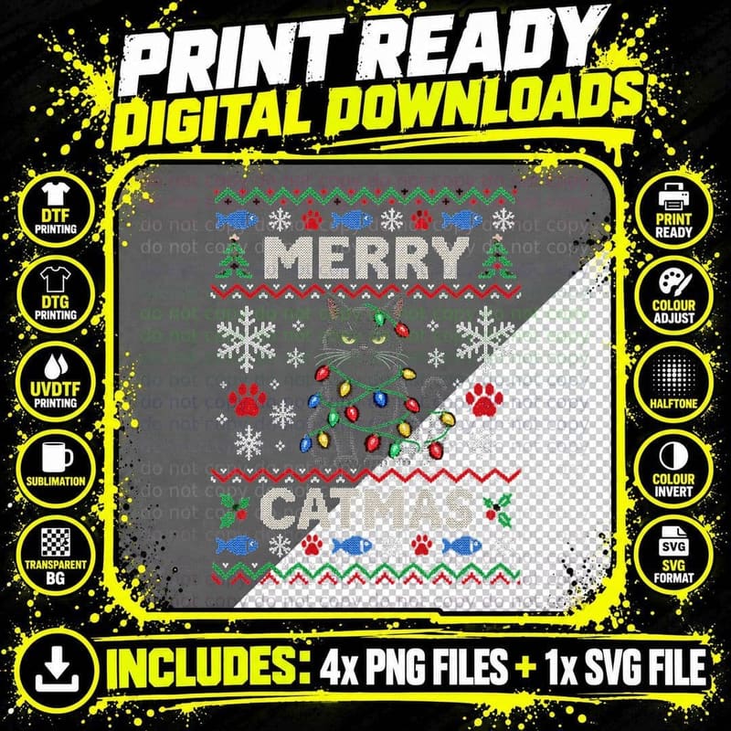 Christmas Black Cat Ugly Sweater Merry Catmas Grumpy Cat Png SVG Digital Bundle