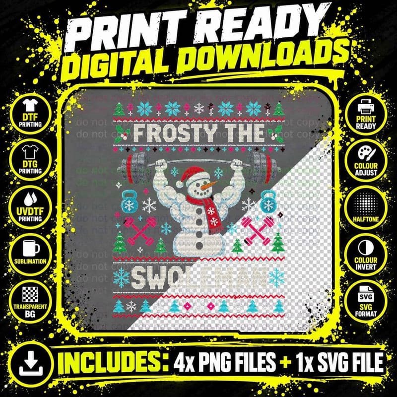 Christmas Gym Ugly Sweater Frosty The Swoleman Png SVG Digital Bundle