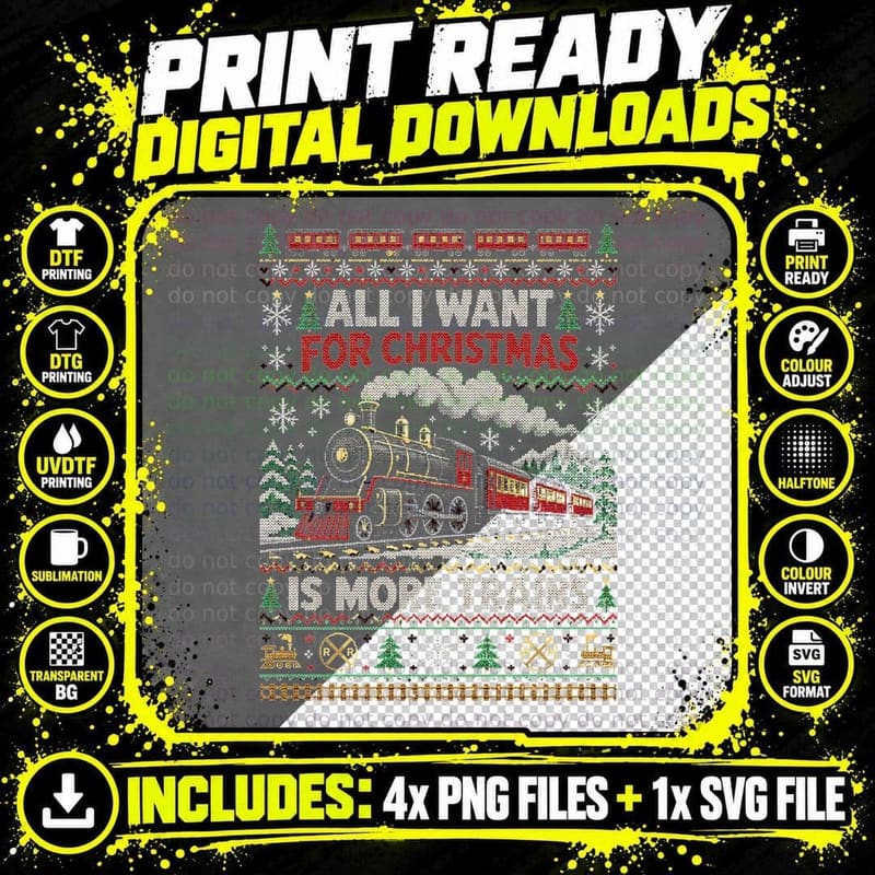 Christmas Steam Train Ugly Sweater Railway Enthusiast Png SVG Digital Bundle