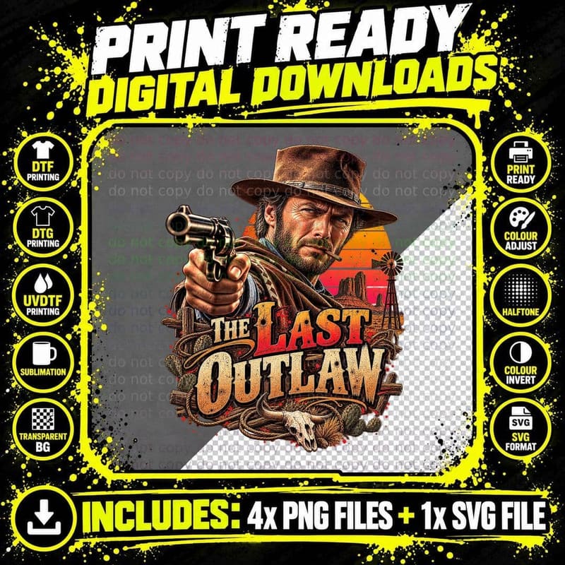 The Last Outlaw Clint Western Cowboy Gunslinger Revolver Retro Sunset T-Shirt Png SVG Digital Bundle