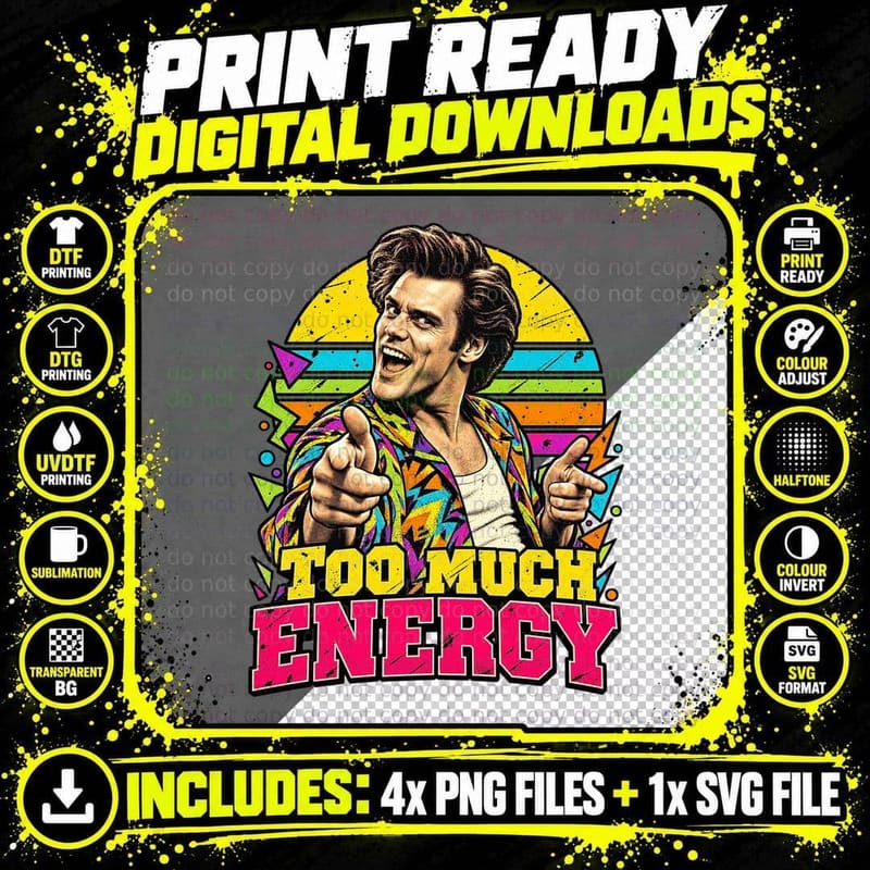 Too Much Energy Jim 90s Comedy Actor Funny Pointing Colourful Retro T-Shirt Png SVG Digital Bundle