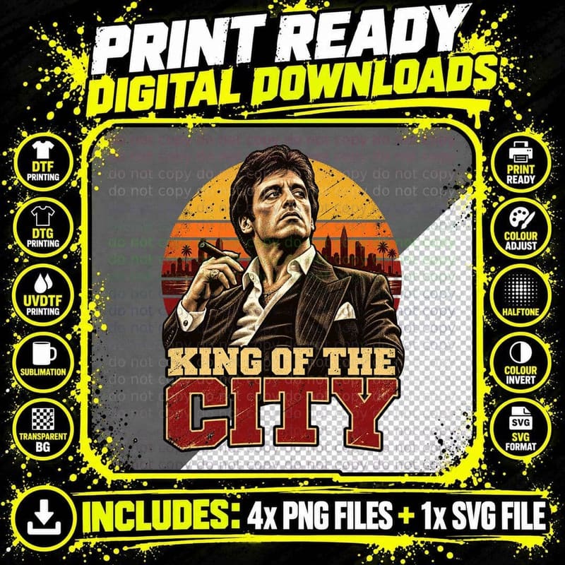 King Of The City Al 80s Gangster Movie Crime Boss Cigar Skyline Retro T-Shirt Png SVG Digital Bundle