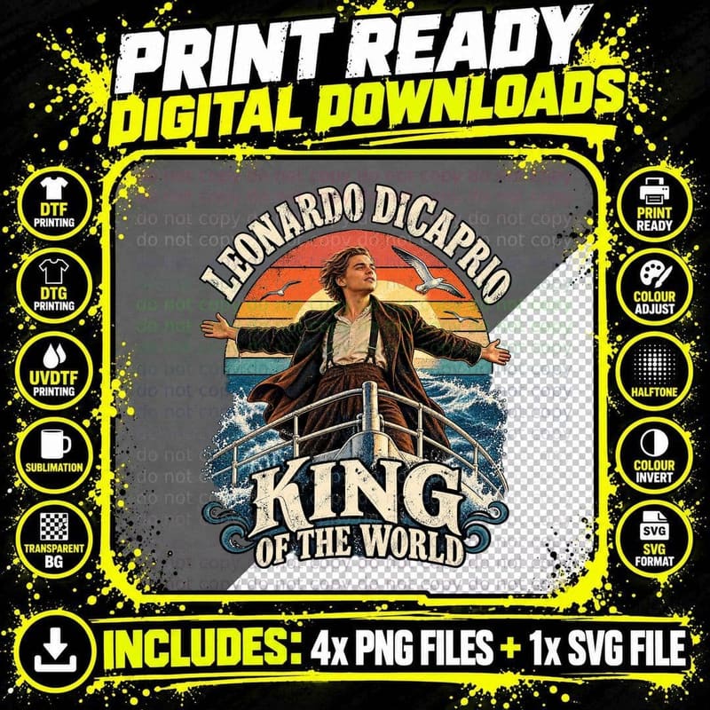 Leonardo King of the World Jack Ship Bow 90s Romance Disaster Movie T-Shirt Png SVG Digital Bundle