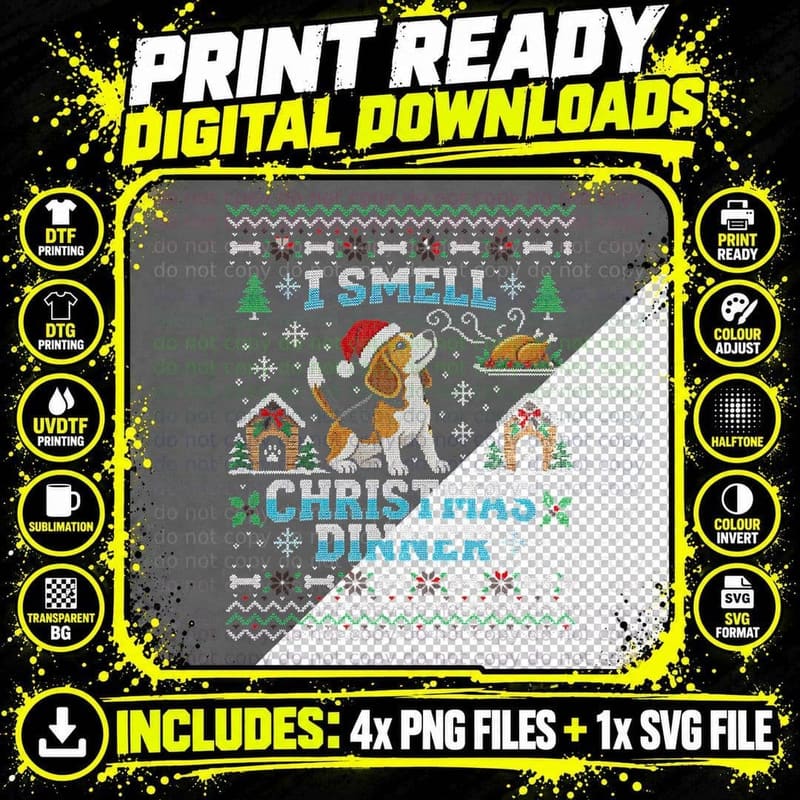 Beagle Christmas Ugly Sweater I Smell Christmas Dinner Png SVG Digital Bundle