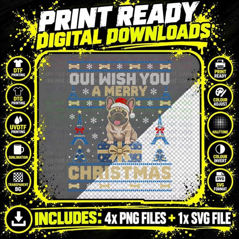 French Bulldog Christmas Ugly Sweater Frenchie Paris Png SVG Digital Bundle
