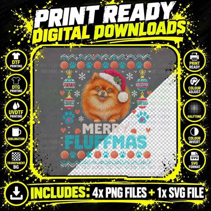 Pomeranian Christmas Ugly Sweater Merry Fluffmas Fluffy Png SVG Digital Bundle