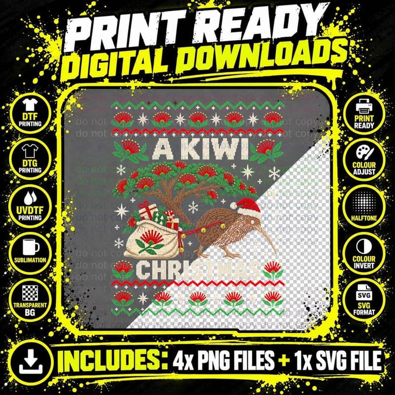 A Kiwi Christmas Retro Ugly Sweater New Zealand Png SVG Digital Bundle