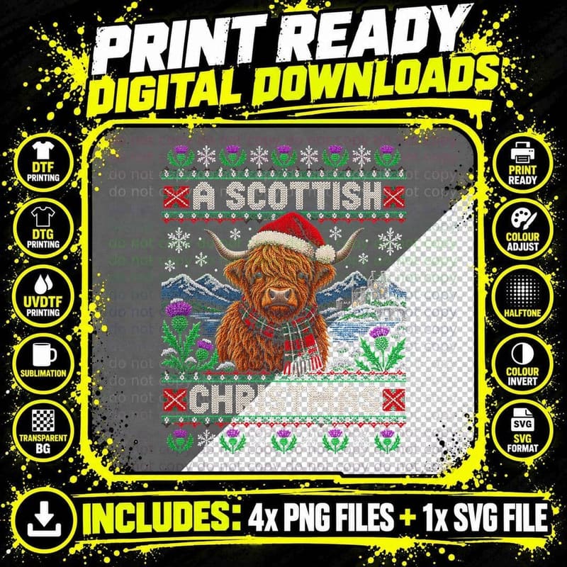 A Scottish Christmas Highland Cow Ugly Sweater Xmas Jumper Halftone T-Shirt Png SVG Digital Bundle