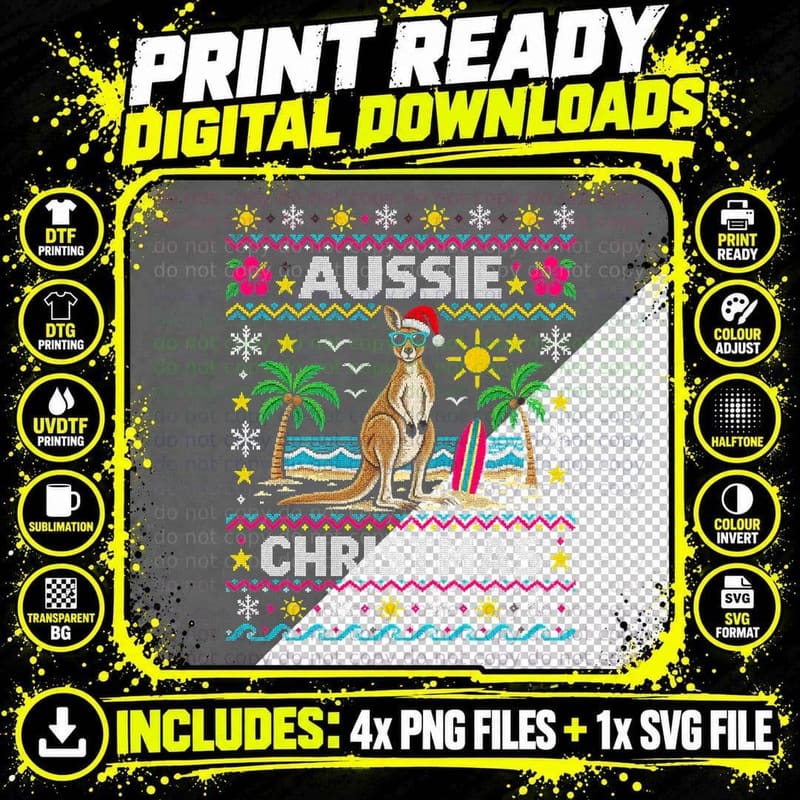 Aussie Christmas Ugly Sweater Kangaroo Australian Summer Png SVG Digital Bundle