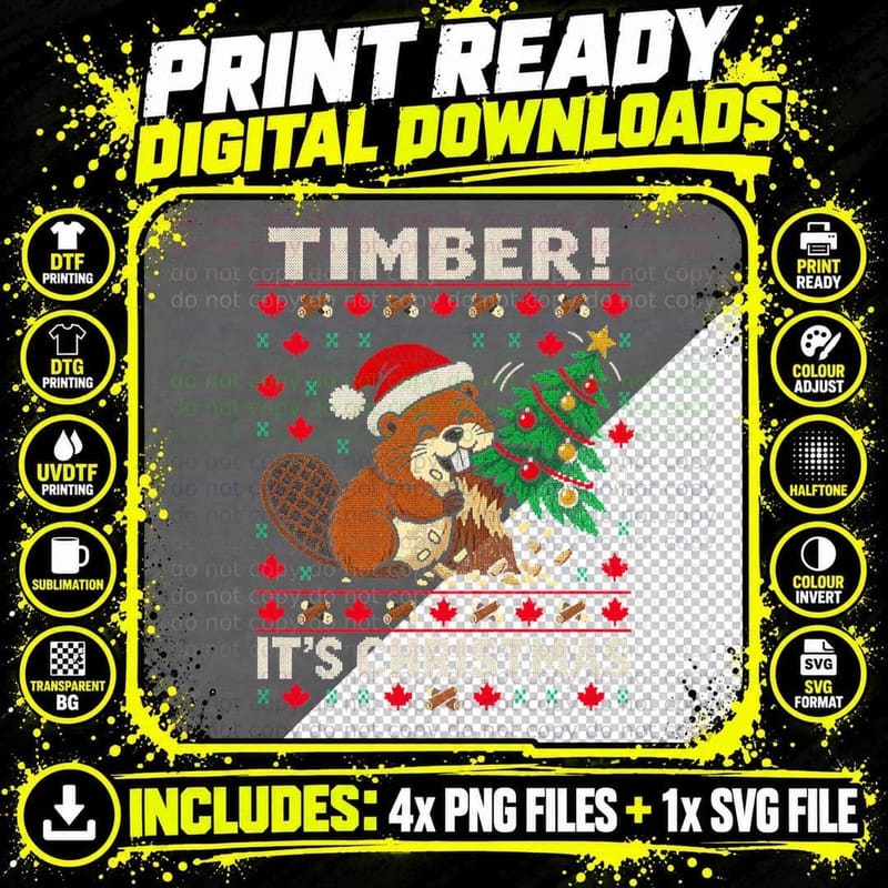 Timber It's Christmas Canadian Beaver Maple Leaf Ugly Sweater Halftone T-Shirt Png SVG Digital Bundle