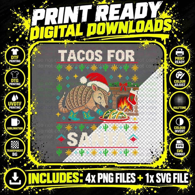 Tacos For Santa Armadillo Cowboy Boots Texas Xmas Ugly Sweater Halftone T-Shirt Png SVG Digital Bundle