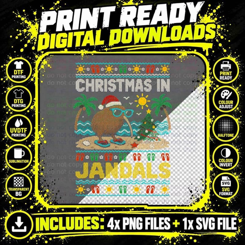 Christmas In Jandals Kiwi Bird Beach New Zealand Ugly Sweater Halftone T-Shirt Png SVG Digital Bundle