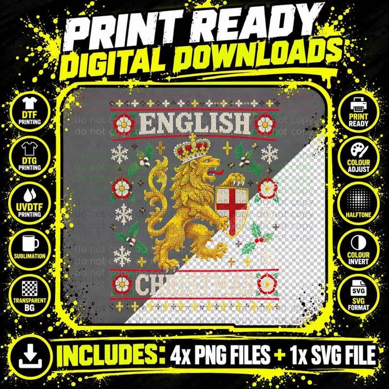 English Christmas Lion St George Cross Tudor Rose Ugly Sweater Halftone T-Shirt Png SVG Digital Bundle