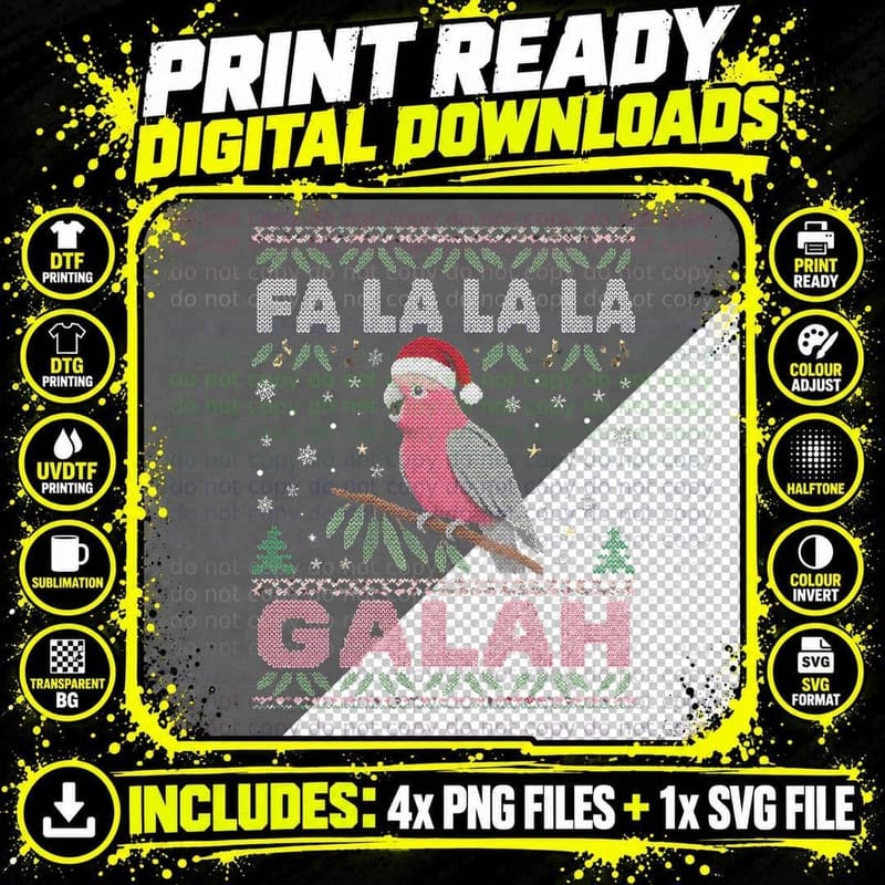 Fa La La La Galah Christmas Pink Cockatoo Aussie Ugly Sweater Halftone T-Shirt Png SVG Digital Bundle