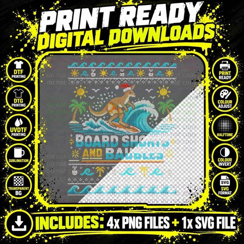 Board Shorts And Baubles Surfing Kangaroo Aussie Xmas Sweater Halftone T-Shirt Png SVG Digital Bundle