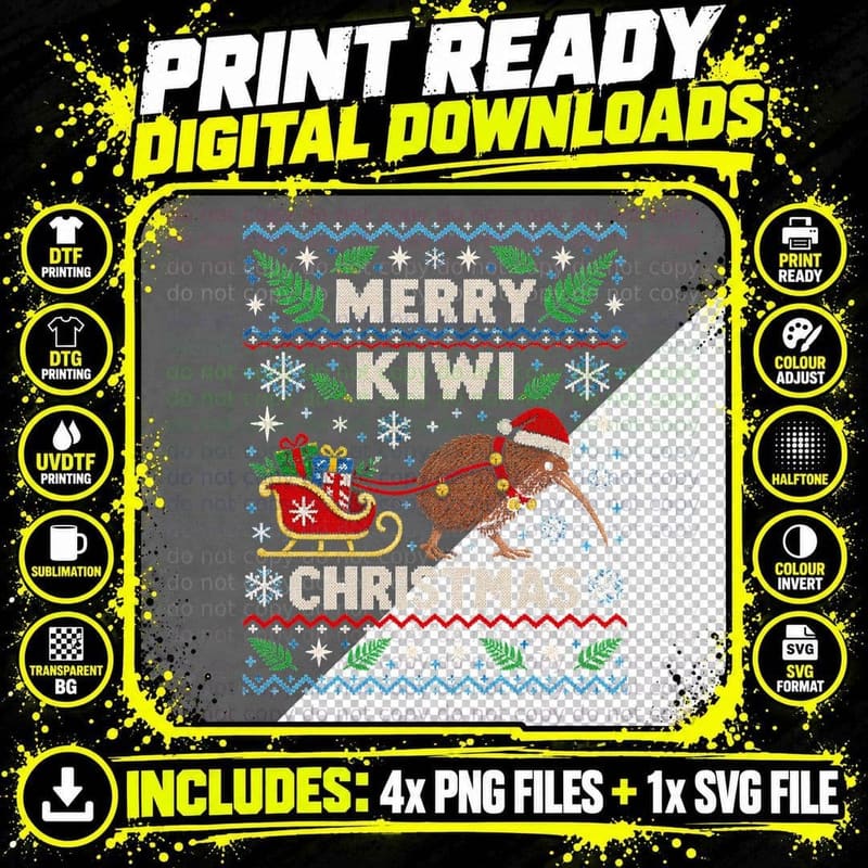 Merry Kiwi Christmas Ugly Sweater New Zealand Santa Png SVG Digital Bundle