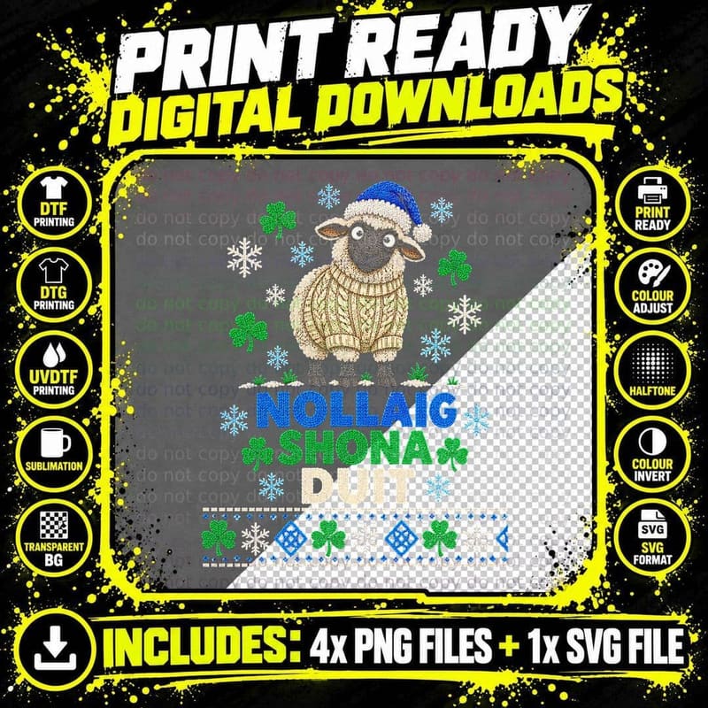 Nollaig Shona Duit Irish Sheep Aran Knit Shamrock Xmas Jumper Halftone T-Shirt Png SVG Digital Bundle