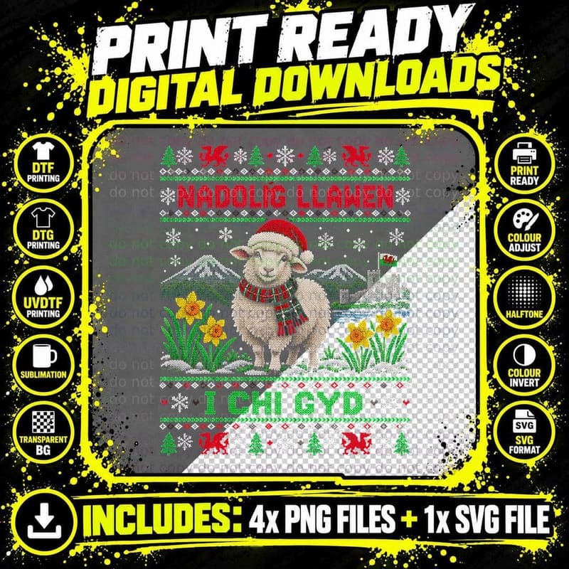 Nadolig Llawen I Chi Gyd Welsh Sheep Daffodils Christmas Jumper Halftone T-Shirt Png SVG Digital Bundle