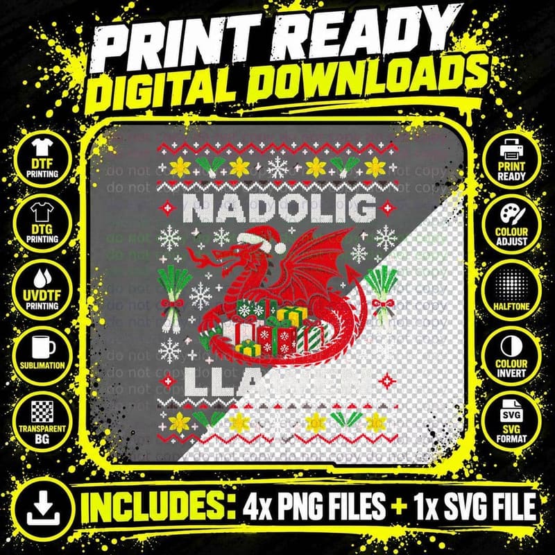 Nadolig Llawen Welsh Dragon Ugly Sweater Wales Christmas Png SVG Digital Bundle