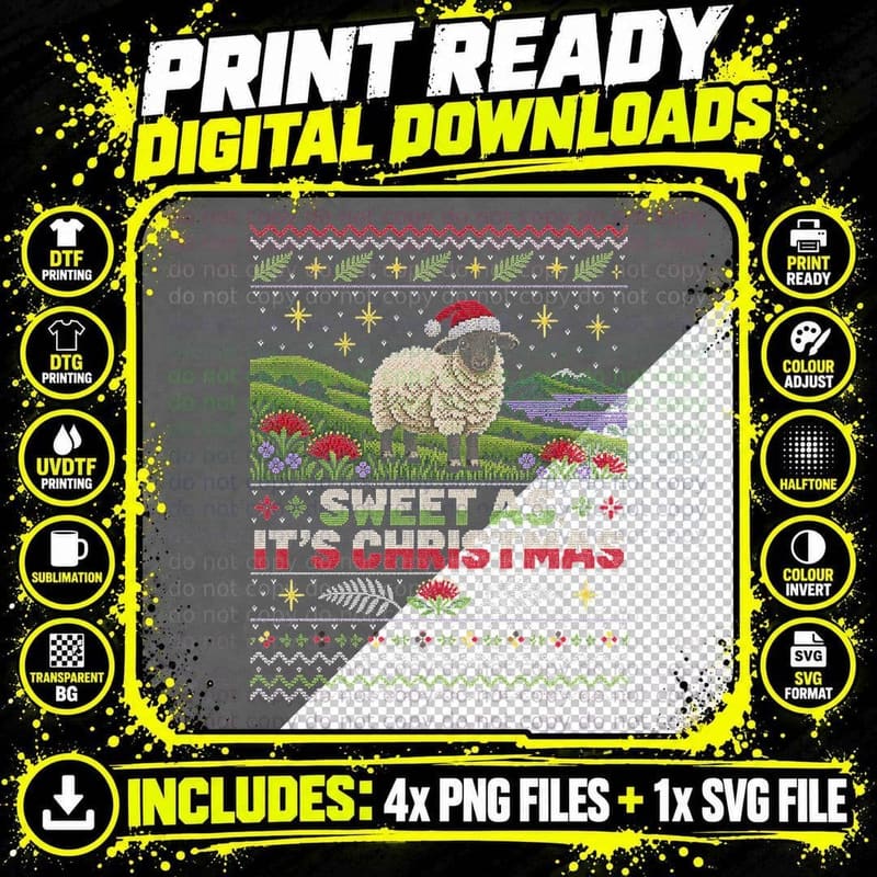 Sweet As It's Christmas New Zealand Sheep Santa Hat Kiwi Jumper Halftone T-Shirt Png SVG Digital Bundle